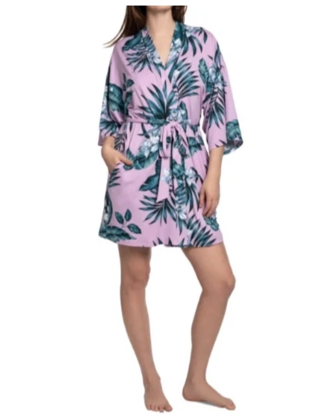 Linea Donatella Tropical Floral Wrap Robe w/ Pockets Kimono Sleeve NWT Size L